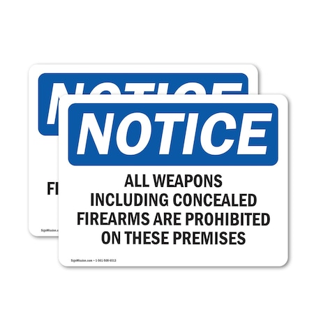 Signmission All Weapons Concealed Firearms Prohibited OSHA Notice Sign, Vinyl Decal, 5in W x 3.5in L, 2PK OS-2PACK-NS-D-35-L-15248